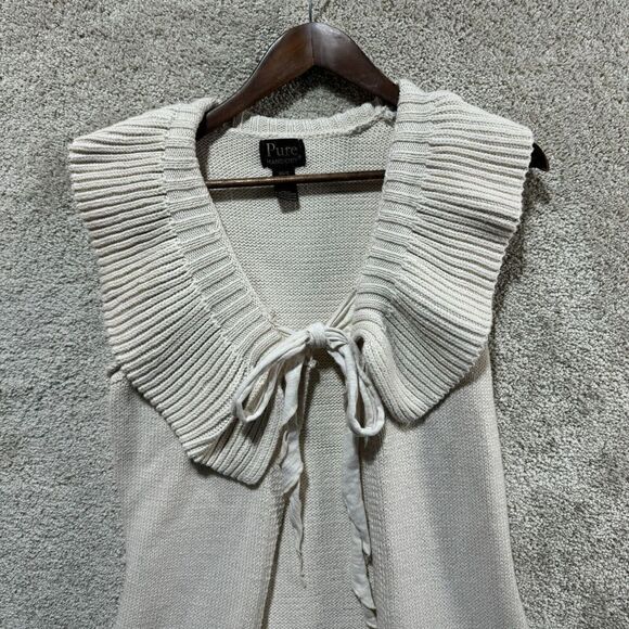 Pure Handknit Sweater Vest Women's XS/S Tan Collared Tie Front Ruffle Hem Cotton - Picture 2 of 12